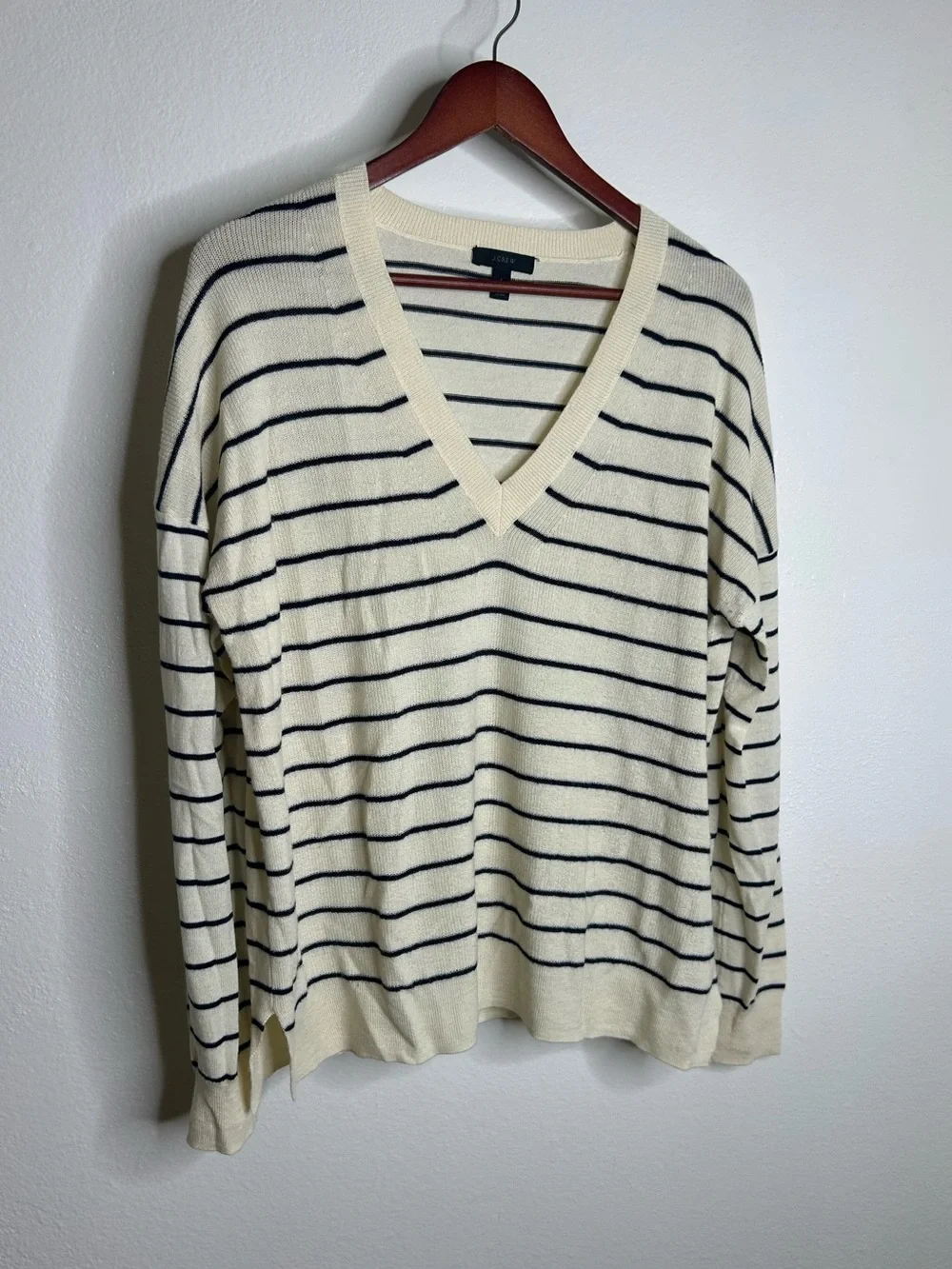 J. Crew Merino Wool Cotton Striped Cream Navy Lightweight V - Neck Sweater